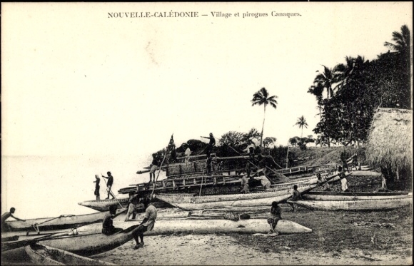 CPA New Calédonie Nouvelle Calédonie, Village i pirogi Canaques