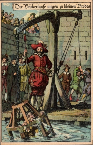 Artist Chromo-Litho Jodolfi, The baker&#39;s baptism because of too small bread, punishments in the Middle Ages