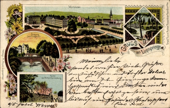 Litho Bad Lippspringe in Westfalen, Kurhäuser, Kurgarten, Ruine Tempelherrenburg