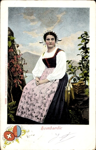 Postcard Lombardy, woman in traditional costume, portrait