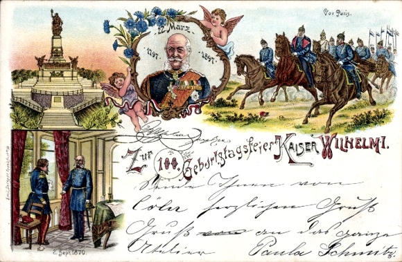 Lithograph of Emperor Wilhelm I, 100th birthday celebration, Niederwald Monument, in front of Paris, 1870