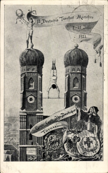 Postal stationery PC Munich, 13th German Gymnastics Festival, 7 July 1923, Kindl, Frauenkirche, PP 72 C 1