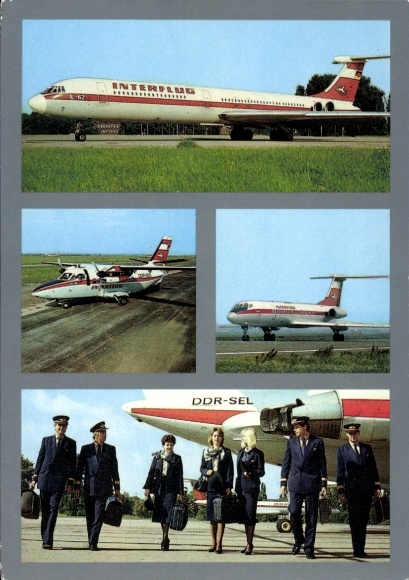 Postcard German passenger aircraft Ilyushin IL 62, Interflug, GDR SEL, pilots, stewardess