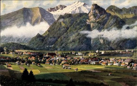 Artist PC V. Marschall, Oberammergau in Upper Bavaria, partial view with Kofel and Not