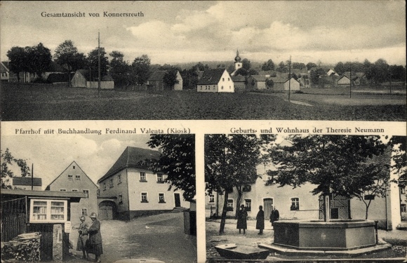 Postcard Konnersreuth in der Oberpfalz, birthplace Therese Neumann, vicarage, bookstore
