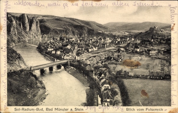 Ak Bad Münster am Stein Bad Kreuznach aan de Nahe, landschapsfoto, stadszicht, brug, rots