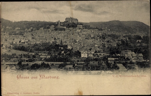 Ak Marburg an der Lahn, Stadtansicht von  Burg auf dem Hügel, nmotiv