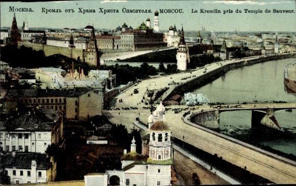 Postcard Moscow Russia, Kremlin from view of the Temple of the Savior, colored