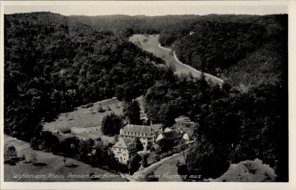 Ak Wyhlen am Rhein Baden, Landschaft, Pension zur Himmelsporte, Flugaufnahme