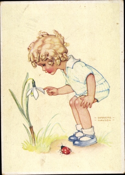 Artist Postcard Lungershausen, Ilse Wende, Girl at a flower, snowdrops, ladybug
