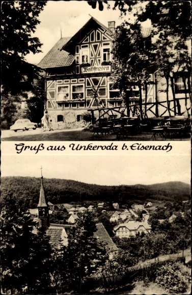 PC Unkeroda Gerstungen in Thuringia, panorama of the village, Inn Waldfrieden, exterior view