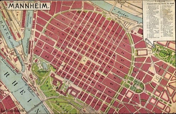 City map PC Mannheim in Baden, total view, palace gardens, Rhine, Neckar, harbour