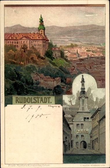 litho Rudolstadt in Thüringen, stadspanorama, Ratskeller