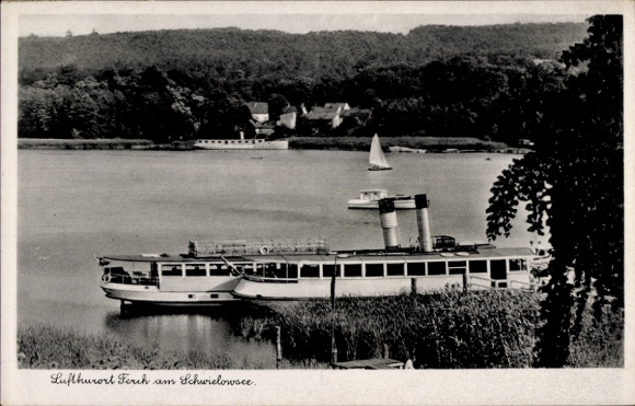 Ak Ferch am Schwielowsee, landschap met stoomboot, Schwielowsee, zeilboot, bos op de achtergrond...