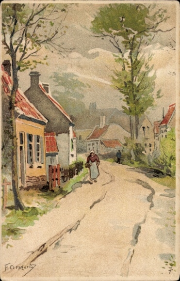 Postcard Naundorf Radebeul Saxony, houses trees, a woman wearing a dress and headscarf walks down a path...