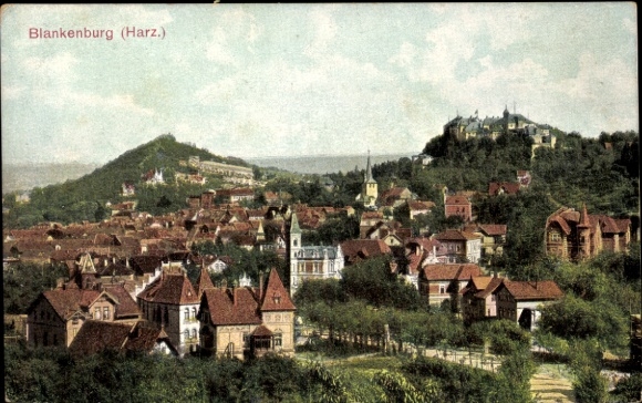 Postcard Blankenburg am Harz, total view of the town, mountains