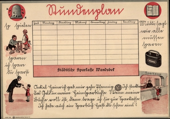 Timetable Städtische Sparkasse Wandsbek, Hamburg, children save, money box around 1920