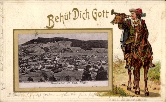 Embossed passepartout PC Oberstaufen in Allgäu, general view, trumpeter from Säckingen