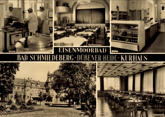 Ak Bad Schmiedeberg in der Dübener Heide, Küche, Kurhaussaal, Büffet, Speisesaal, Eisenmoorbad