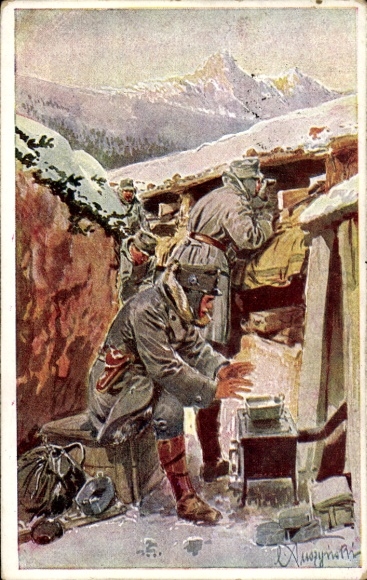 Künstler Ak KuK-Armee, Soldaten im Schützengraben, Hilfsaktion Kälteschutz