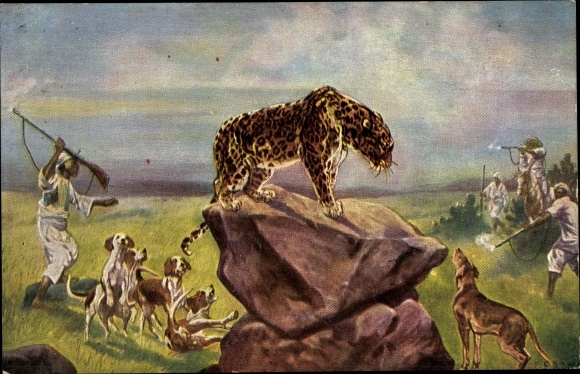 Artist PC Hunting scene, leopard, hunting dogs, hunter