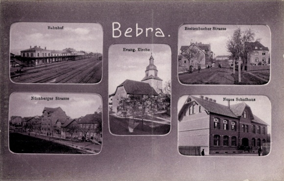 Postcard Bebra on Fulda Hesse, train station, Protestant church, new school building, Nürnberger Straße