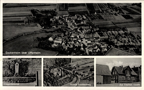 Postcard Uffenheim in Middle Franconia, aerial view of Geckenheim, war memorial, Frankenberg Castle
