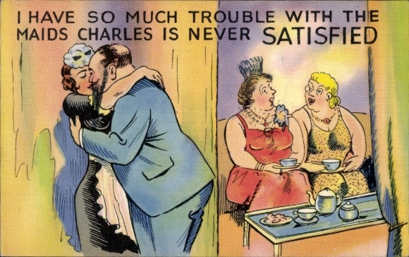 Artist Postcard Two women having tea, man kissing the maid