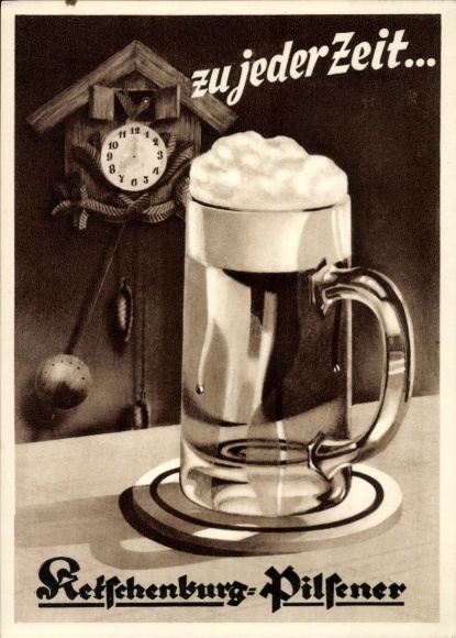 Postcard At any time Ketschenburg Pilsener, beer mug, advertising, cuckoo clock