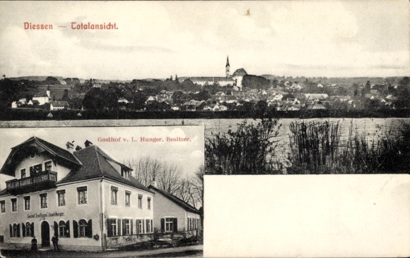 Ak Dießen am Ammersee Oberbayern, Gesamtansicht, Gasthof von L. Hunger