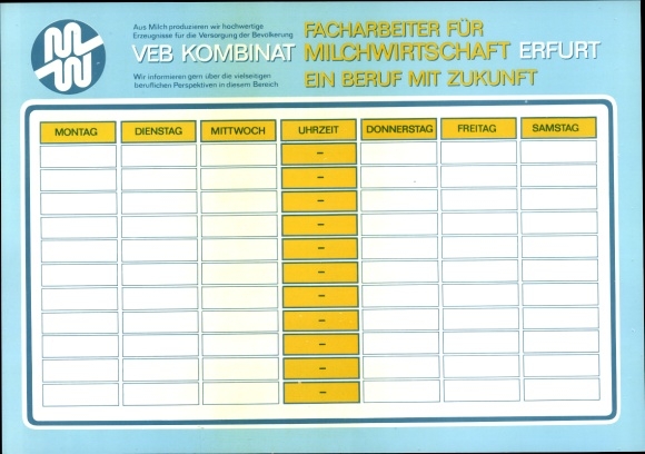 Timetable DDR VEB Kombinat Milchwirtschaft Erfurt, management department, dairy around 1980