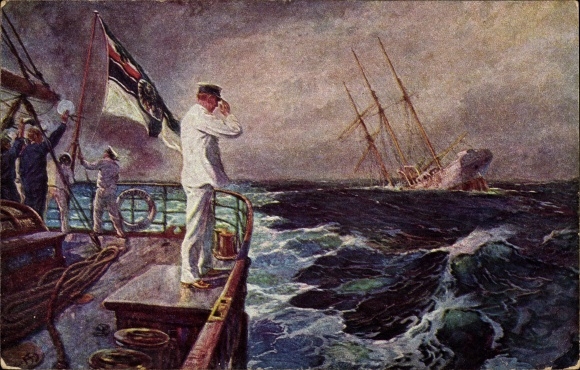 Artist PC Bohrdt, Hans, The Last Greeting, Lieutenant Captain Hellmuth von Mücke, SMS Emden, SMS Ayesha