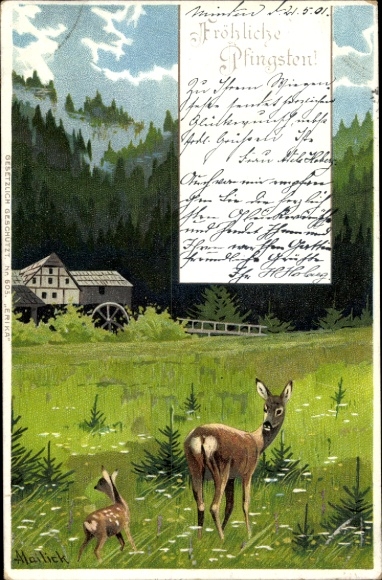 Künstler Litho Mailick, Reh mit Kitz, Wassermühle