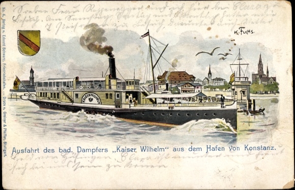 Artist Chromo-Litho Fuchs, Karl, Constance on Lake Constance, departure of the steamer Kaiser Wilhelm from the port