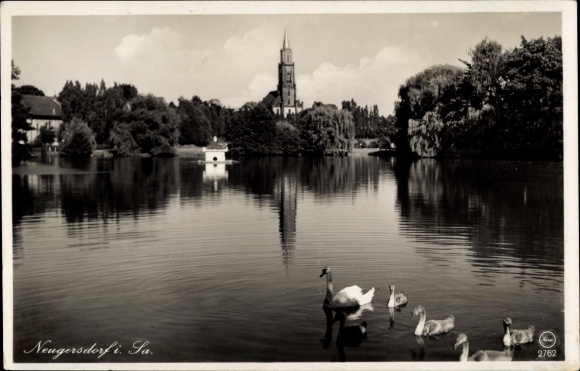 Ak Neugersdorf in Sachsen, Schwanenteich mit Kirchturm, Weiher
