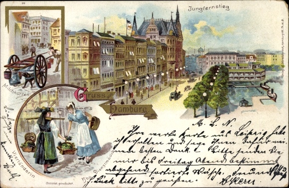 lito Hamburg, Jungfernstieg, wózek mleczny, Vierländerin, hamburska służąca