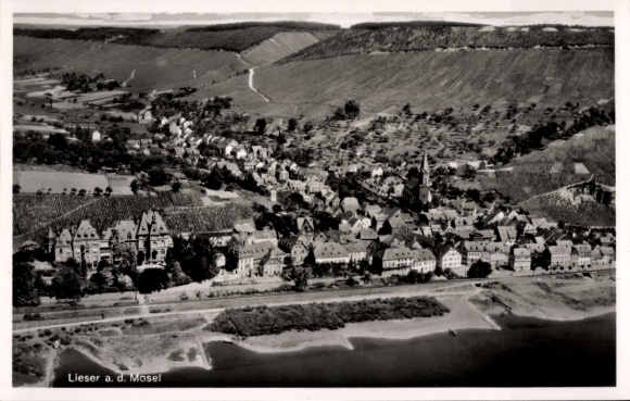 Ak Lieser an der Mosel, Luftaufnahme von Lieser, Mosel, Weinberge, Ortsansicht,  Gebäude
