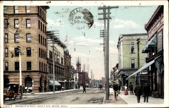 Ak Sault Sainte Marie Michigan USA, kleurenfotografie van Ashmun Street, historische gebouwen, f...