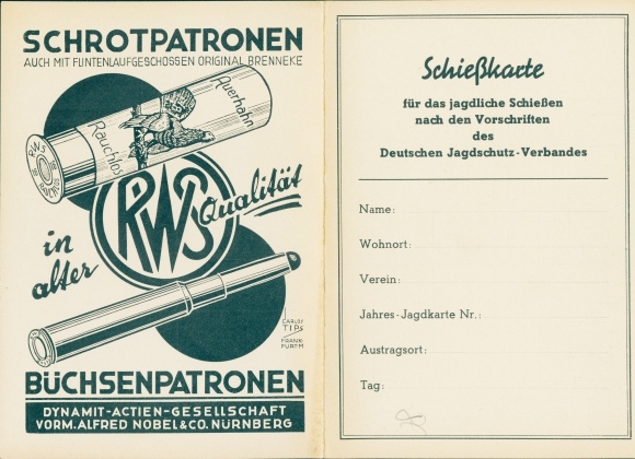 Folding Postcard shooting card, shotgun shells, shotgun shells, rifle cartridges, RWS, Dynamit AG Alfred Nobel