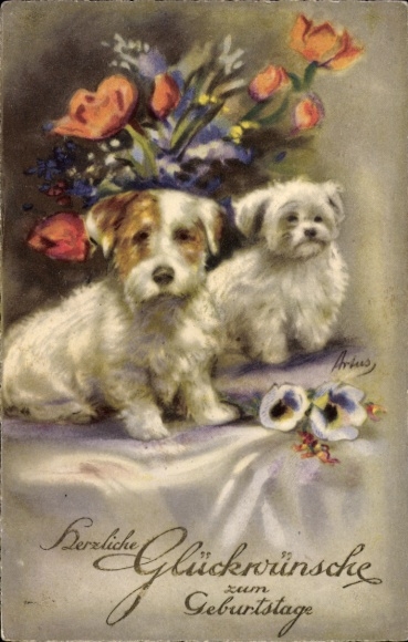 Artist embossed Postcard Artus, birthday congratulations, dogs
