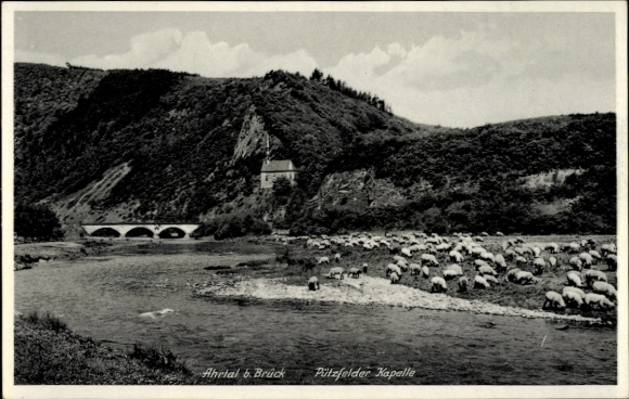 Postcard Brück Ahrbrück on the Ahr, bridge, chapel, sheep, river, hill