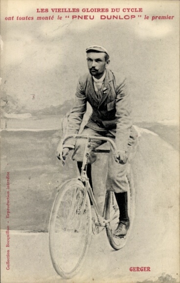 Postcard cycling, cyclist Gerger, tire Dunlop, advertising