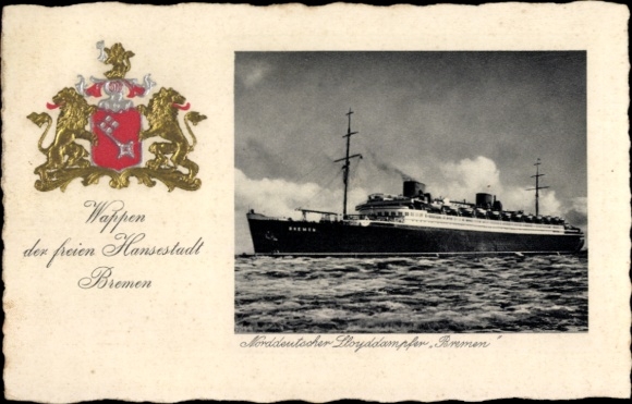 Embossed coat of arms Postcard Hanseatic City of Bremen, steamship Bremen, North German Lloyd