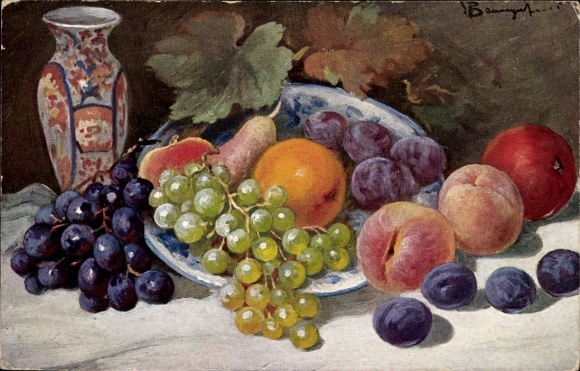 Künstler Ak Stillleben, Obst, Vase