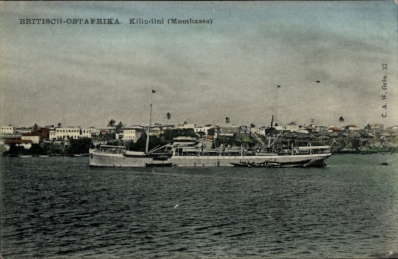 Ak Mombasa Kenia, algemeen uitzicht, stoomboot