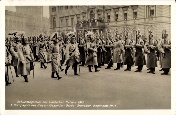 Postcard birthday celebration Kaiser Wilhelm II. 1913, 1st company Kaiser Alexander Guard Grenadier Regt. 1