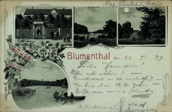 Moonlight Chromo-Litho Blumenthal Prötzel in der Mark, Forsthaus, Gamen-See, Piche-See