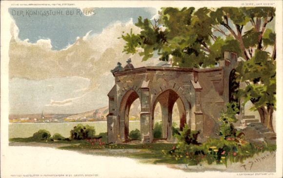 Artist Chromo-Litho Schmohl, P., Rhens am Rhein, view of the Königstuhl