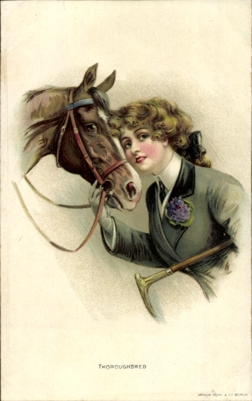 Artist Postcard Thoroughbred, Woman in Riding Clothes with Horse