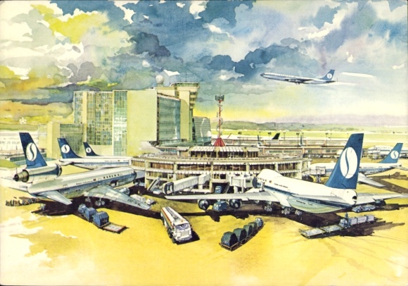 Postcard Brussels, Airport, Sabena, passenger aircraft, Boeing 707, 737, 747, DC 10